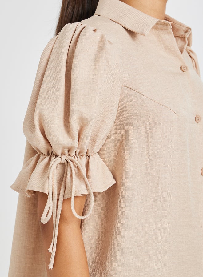 Styli Puff Sleeve Linen Curved Hem Shirt  - Image 3