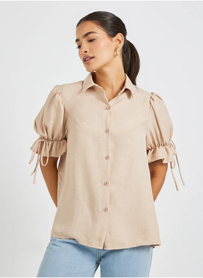 Styli Puff Sleeve Linen Curved Hem Shirt