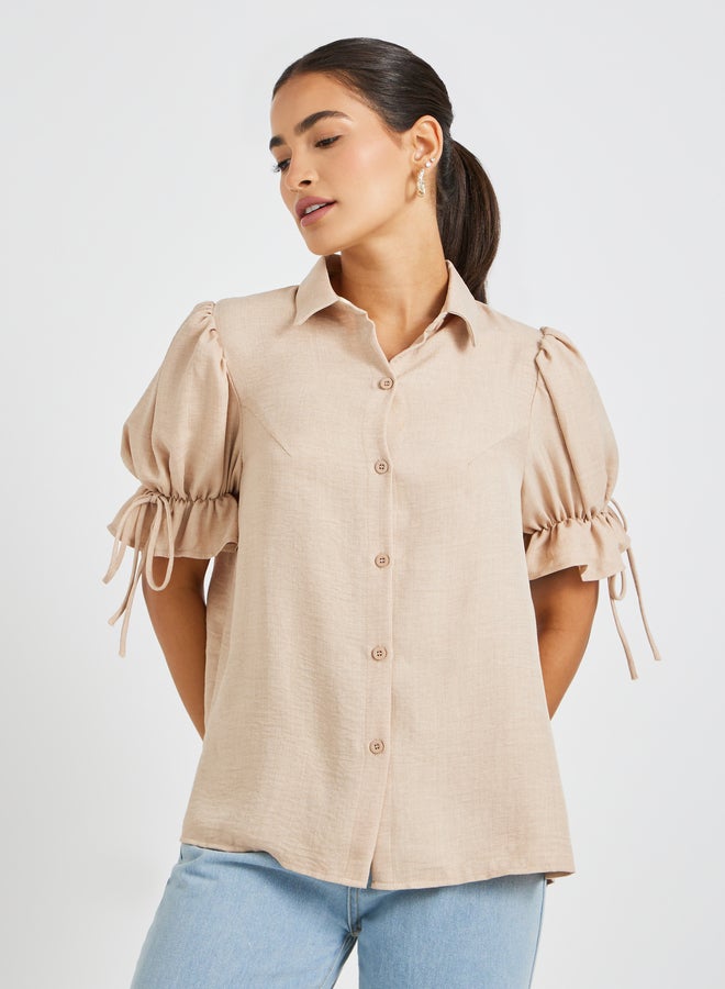 Styli Puff Sleeve Linen Curved Hem Shirt  - Image 1