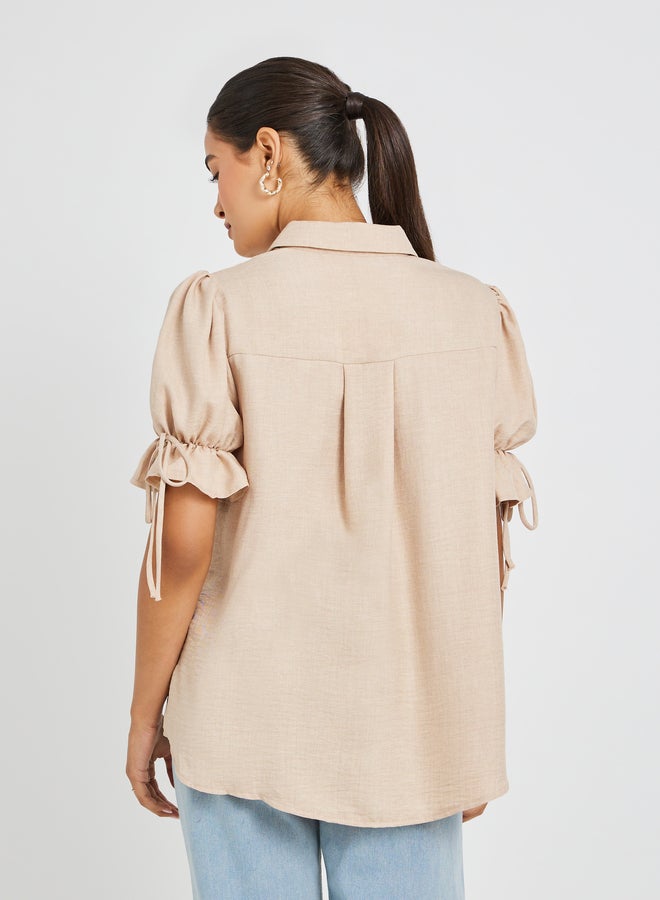 Styli Puff Sleeve Linen Curved Hem Shirt  - Image 4