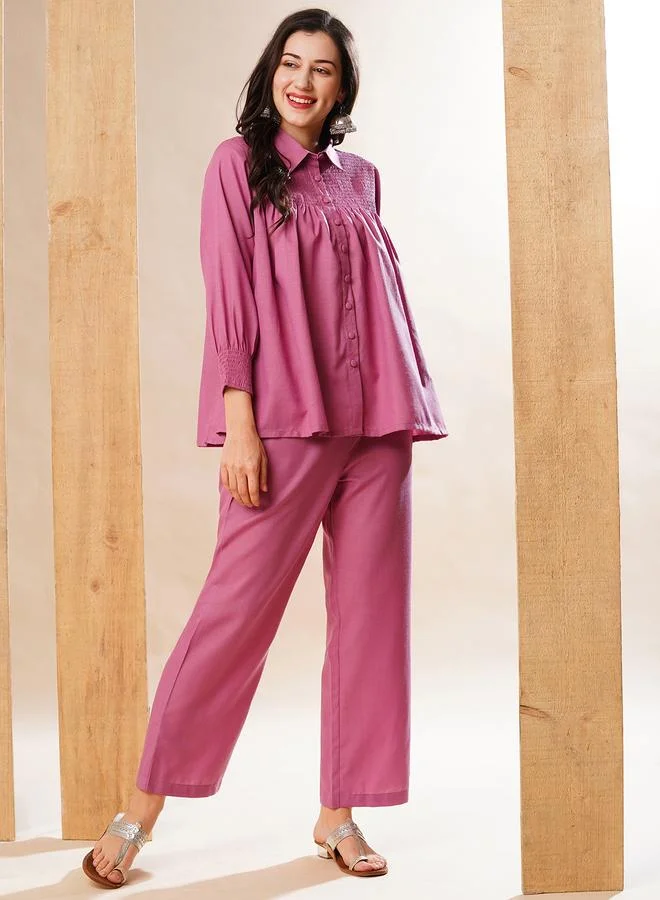 globus Globus Solid Smocked Detail Buttoned Shirt and Trousers Co-Ords
