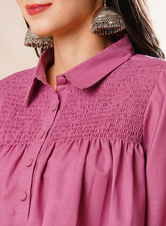 globus Globus Solid Smocked Detail Buttoned Shirt and Trousers Co-Ords