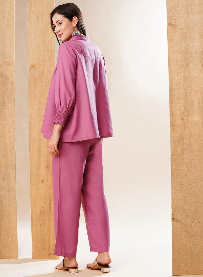 globus Globus Solid Smocked Detail Buttoned Shirt and Trousers Co-Ords