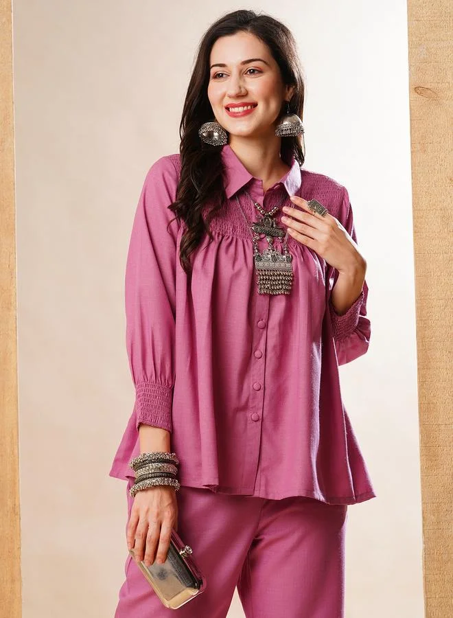 globus Globus Solid Smocked Detail Buttoned Shirt and Trousers Co-Ords