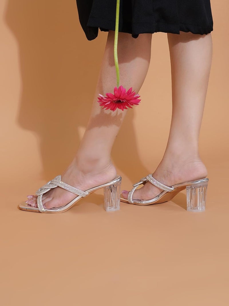 Shoetopia صنادل شوتوبيا النسائية بكعب عقدة كريستالي فضي | أحذية حفلات بكعب كتلة شفاف | صنادل أنيقة لامعة بحلقة أصابع للزفاف والمناسبات والملابس الكاجوال EU41 - Image 3