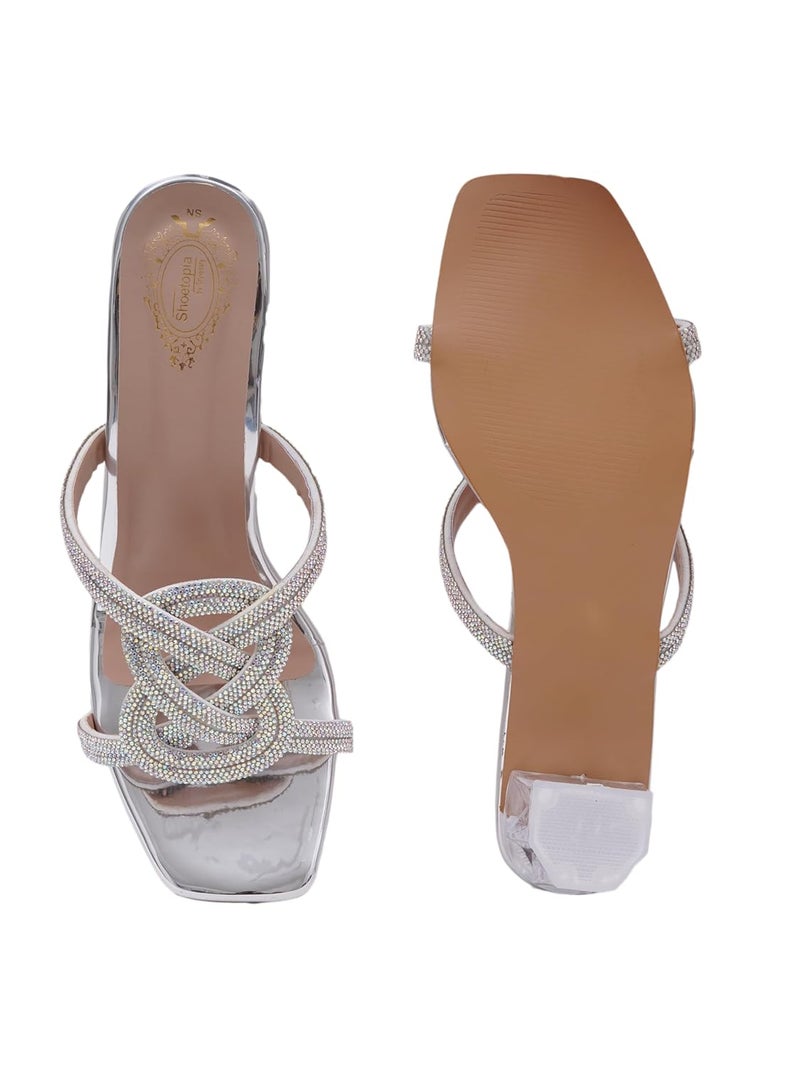 Shoetopia صنادل شوتوبيا النسائية بكعب عقدة كريستالي فضي | أحذية حفلات بكعب كتلة شفاف | صنادل أنيقة لامعة بحلقة أصابع للزفاف والمناسبات والملابس الكاجوال EU41 - Image 5