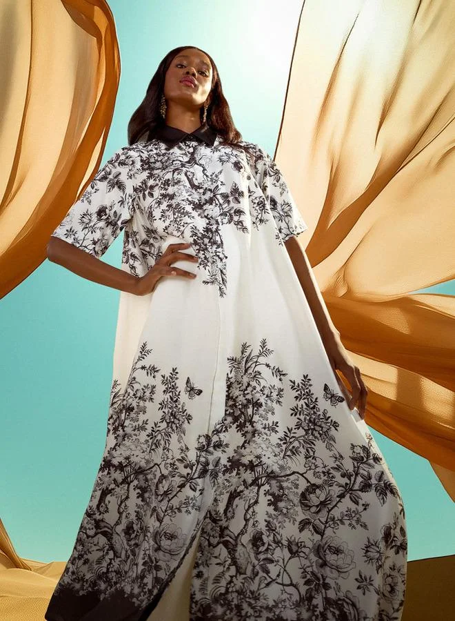 Iconic Iconic Floral Print Shirt Dress with Collar and Short Sleeves