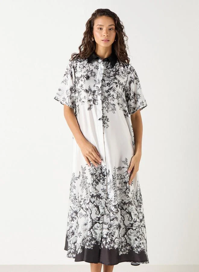 Iconic Iconic Floral Print Shirt Dress with Collar and Short Sleeves