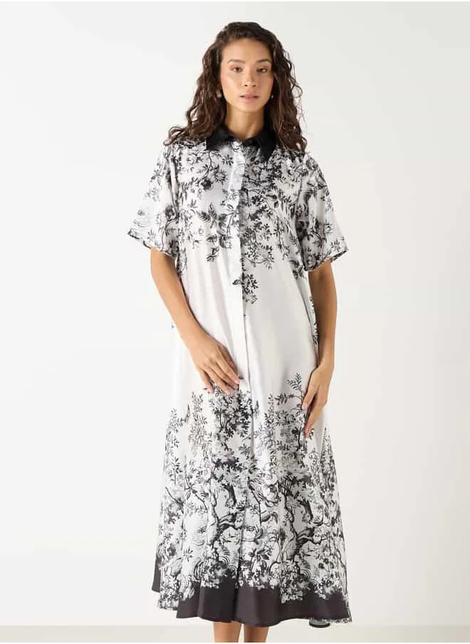 Iconic Iconic Floral Print Shirt Dress with Collar and Short Sleeves