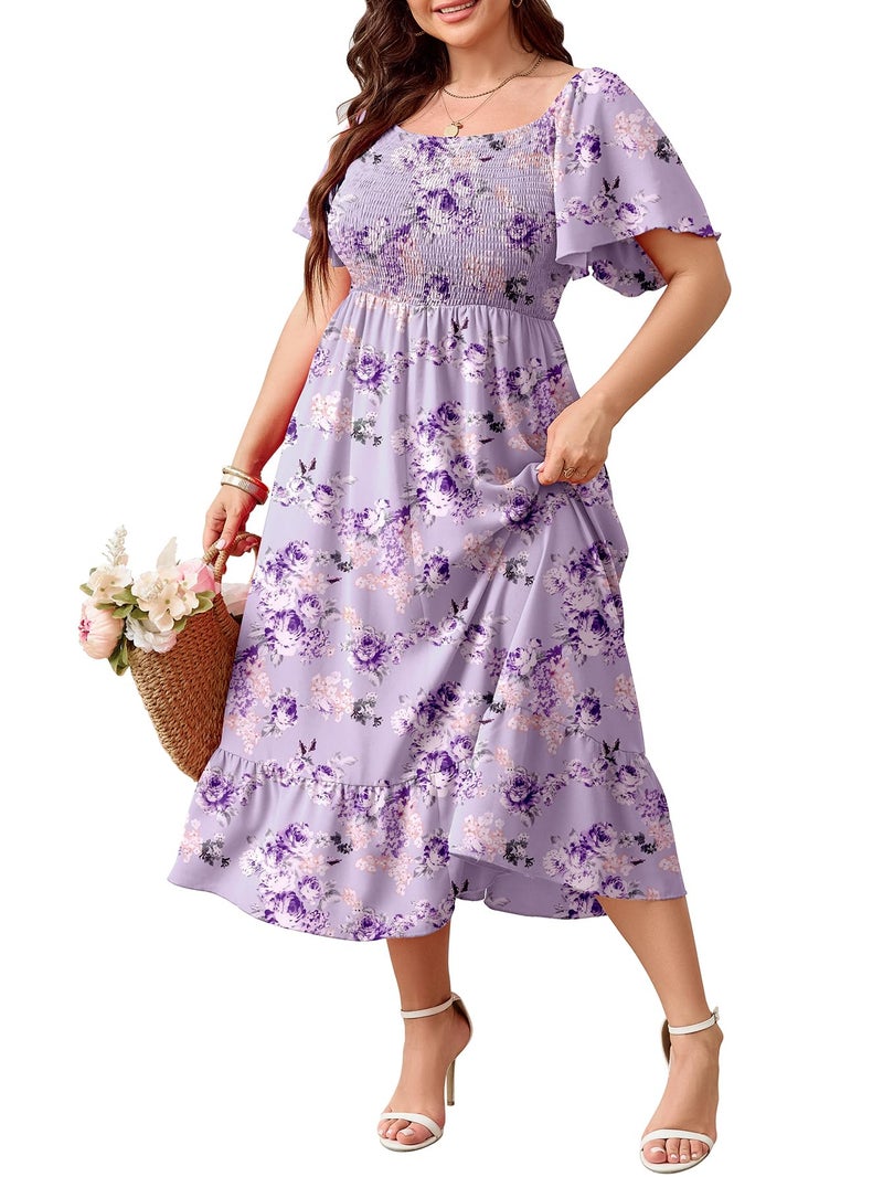 SCOMCHIC Women's Plus Size Summer Dress Casual Short Sleeve Scoop Neck Maxi Dress Smocked Ruffle Boho Flowy Long Dresses Purple Floral - Image 1