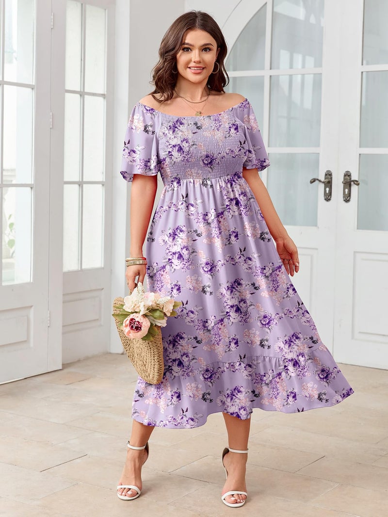 SCOMCHIC Women's Plus Size Summer Dress Casual Short Sleeve Scoop Neck Maxi Dress Smocked Ruffle Boho Flowy Long Dresses Purple Floral - Image 2