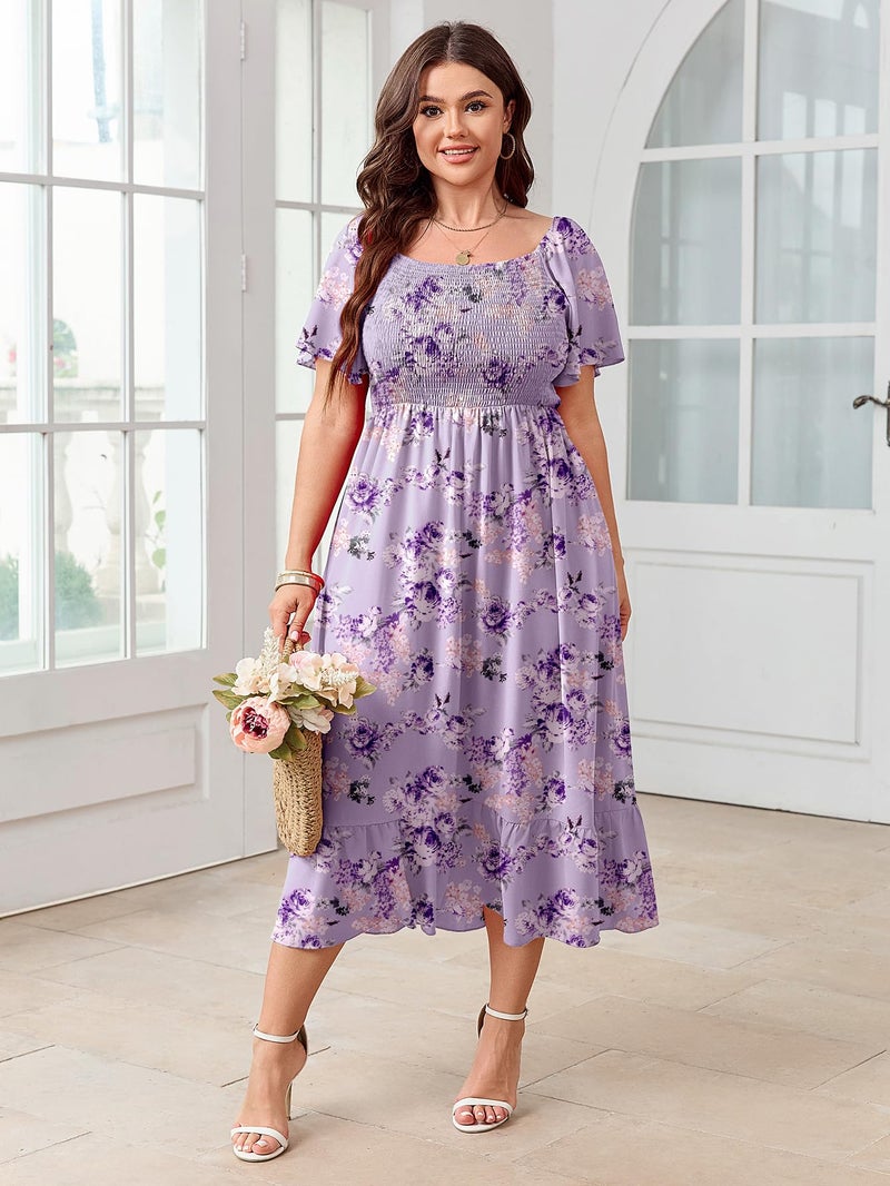 SCOMCHIC Women's Plus Size Summer Dress Casual Short Sleeve Scoop Neck Maxi Dress Smocked Ruffle Boho Flowy Long Dresses Purple Floral - Image 5