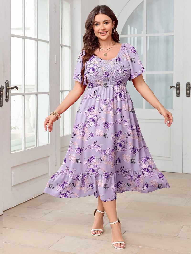 SCOMCHIC Women's Plus Size Summer Dress Casual Short Sleeve Scoop Neck Maxi Dress Smocked Ruffle Boho Flowy Long Dresses Purple Floral - Image 4