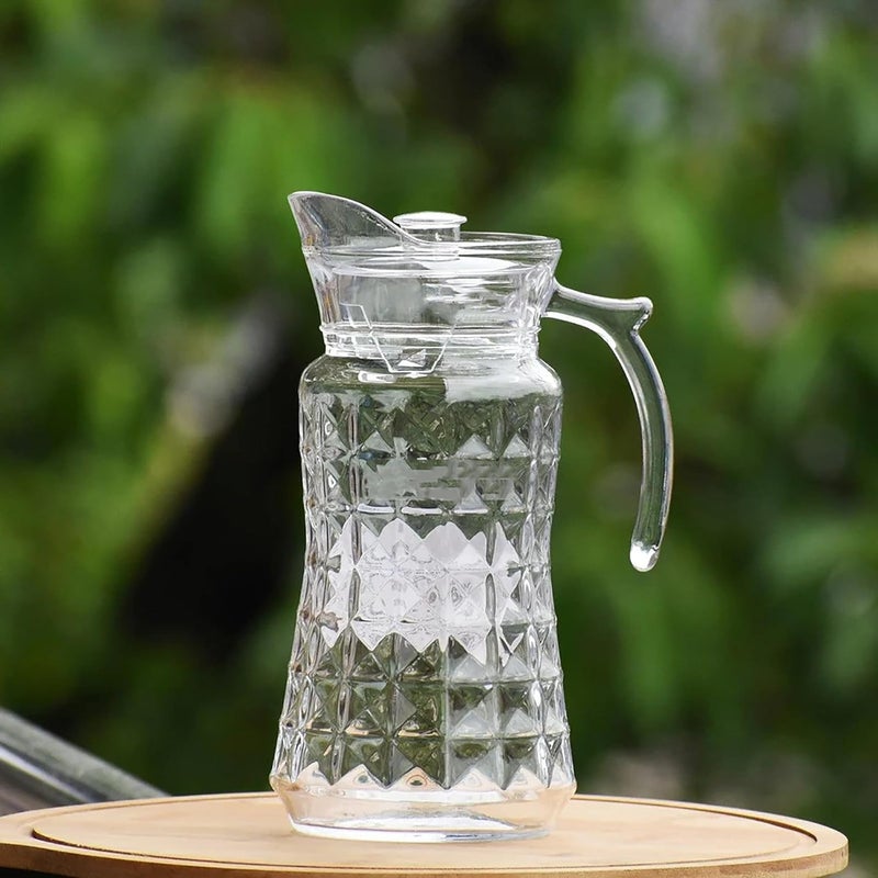 JIRLY Glass Jug Transparent Spigot and Acrylic lid 1800ml Diamond Cut Hot Cold Water Pitcher Jug Iced Tea Milk and Juice Beverage Carafe Ideal for Gift - Image 1