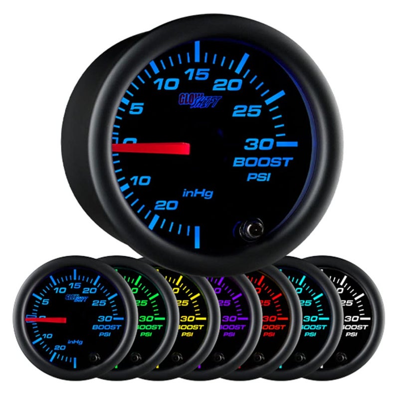 GLOWSHIFT Black 7 Color 30 PSI Turbo Boost/Vacuum Gauge Kit - Includes Mechanical Hose, T-Fitting & Wiring - Multi-Color Display - Black Dial - Clear Lens - for Car & Truck - 2-1/16" 52mm - Image 1