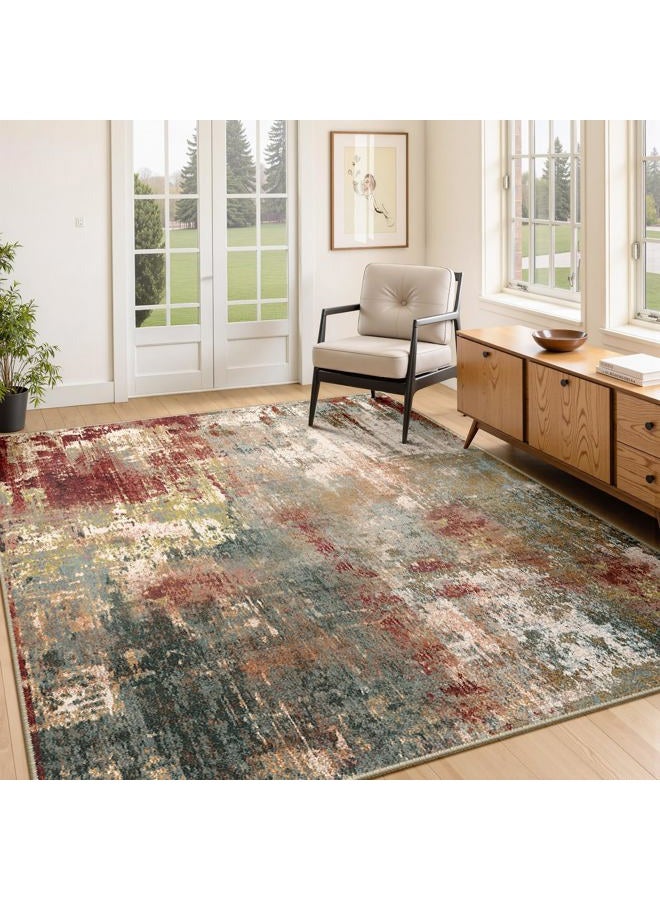 Washable Area Rug 4'x6' Non-Slip Indoor Modern Abstract Low Pile Soft Carpet Rugs for Living Room Bedroom Home Entryway, Print Pattern, Brown Rust Red Green Blue Multi