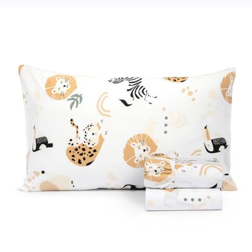 Salt Earth 100% Cotton 210TC Kids Bedsheet, Twin Fitted Sheet, Toddler Bed, 2 Piece Bedding Set- 1 Fitted Sheet and 1 Pillowcase, Themed Toddler Bed Sheets, Cute Sheets for Kids Bed (Jungle) - Image 1