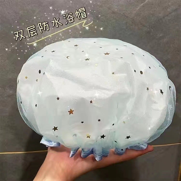 Shower Cap Womens Waterproof Bathing Household Special Makeup Kitchen Fume Dust-proof Headgear Adult Thickened Headgear Starry blue 