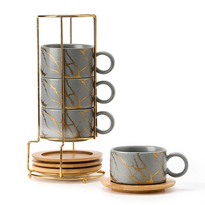 6 OUNCE PORCELAIN STACKABLE ESPRESSO CUPS WITH SAUCERS AND METAL STAND SET OF 4 CERAMIC CAPPUCCINO CUPS SET FOR SPECIALTY COFFEE DRINKS LATTE CAFE MOCHA AND TEA GRAY