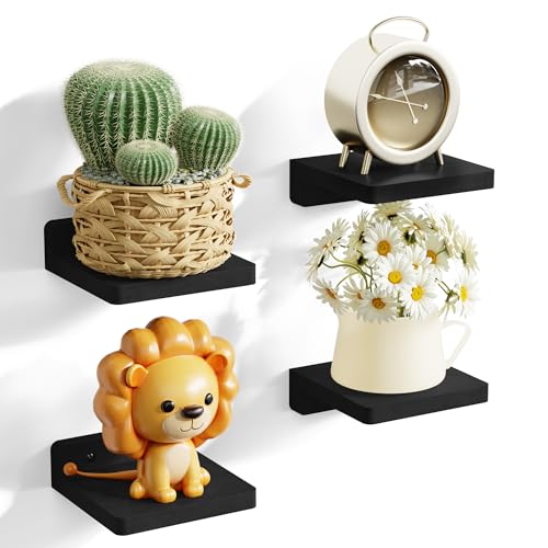 SRIWATANA Small Floating Shelves Wall Mounted Wood Shelf for Decoration and Storage Set of 4 Mini Display Shelf for Bedroom Bathroom Kitchen Office Black 5 inch - Image 1