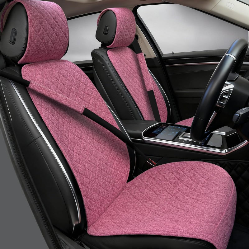 Partsable 2PCS Linen Car Seat Covers Front Seats,Breathable Cloth Fabric Car Seat Protector - Universal Cloth Seat Covers Fit for Cars, Vans, SUVs, Trucks and for All Seasons - Pink - Image 1