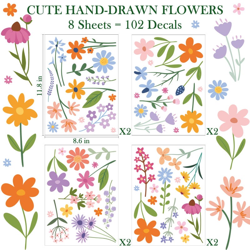 AOWDIAO Floral Wall Decals - 102 Pcs Peel and Stick Vinyl Flower Stickers - Assorted Varieties & Colors for Bedroom, Kidsâ€™ Rooms, Nursery, or Living Room Decor - Image 2