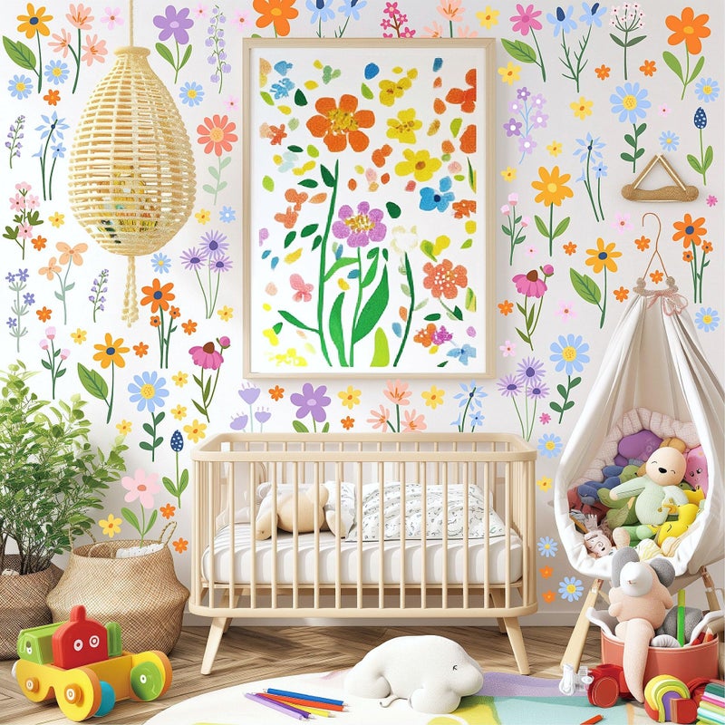 AOWDIAO Floral Wall Decals - 102 Pcs Peel and Stick Vinyl Flower Stickers - Assorted Varieties & Colors for Bedroom, Kidsâ€™ Rooms, Nursery, or Living Room Decor - Image 1