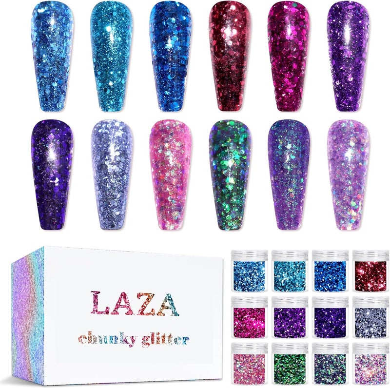 Laza 12 Colors Glitter Nail Art Acrylic Nails Powder Mixed Sequins Iridescent Flakes Ultra-Thin Paillette Sparkles Tips Chunky Box 120g for Face Eyes Body Hair Crafts Tumblers - Mermaid Princess
