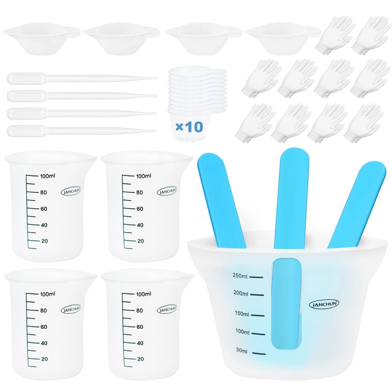 JANCHUN Silicone Resin Measuring Cup Kit - JANCHUN Reusable Resin Mixing Cups, 250ml ＆ 4 100ml Measure Cups and Silicone Mixing Stir Sticks for Epoxy Resin, Painting and Waxing, Easy to Clean Resin Supplies - Image 1