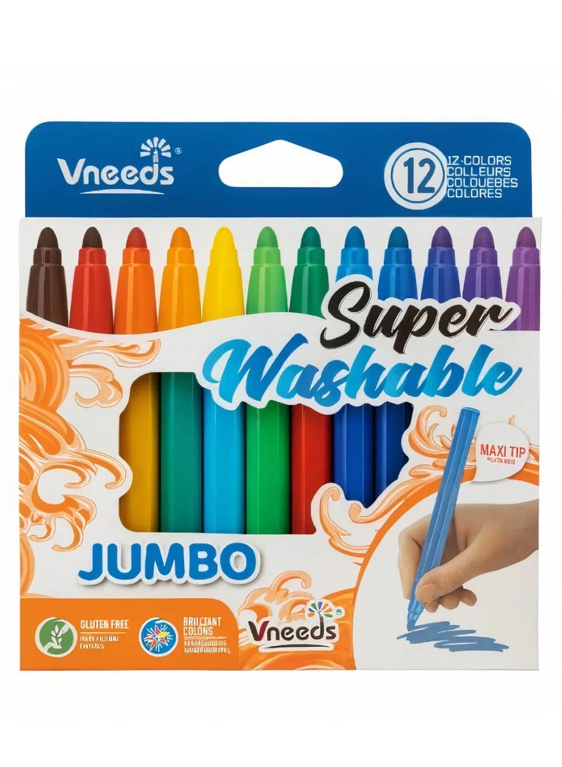 Vneeds Set Of 12 Washable Jumbo Markers With Thick Tip Multicolor 14cm - Image 1