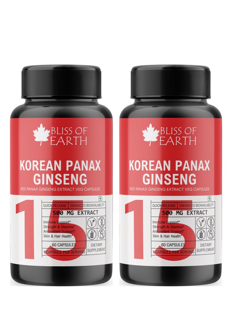 BLISS OF EARTH Korean Ginseng Capsules For Men & Women 500mg High Potency Root Extract 2X60 Veg Capsules - Image 1