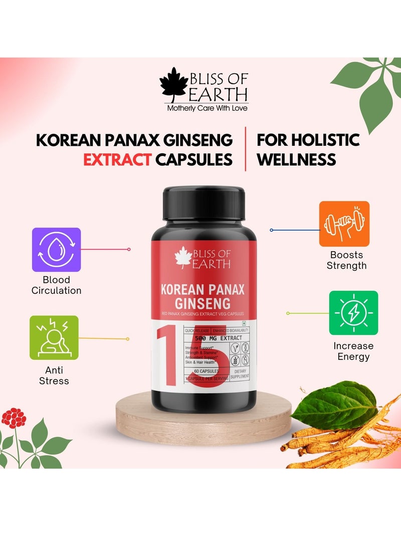 BLISS OF EARTH Korean Ginseng Capsules For Men & Women 500mg High Potency Root Extract 2X60 Veg Capsules - Image 3