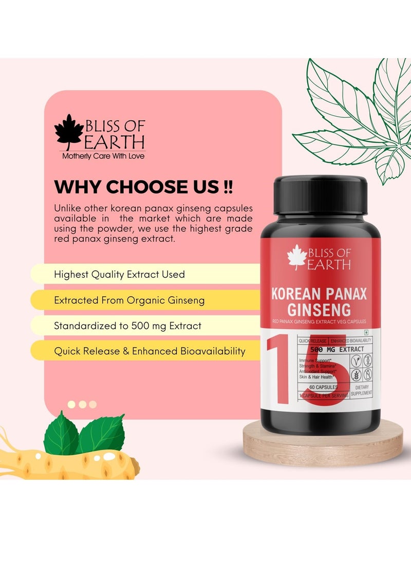 BLISS OF EARTH Korean Ginseng Capsules For Men & Women 500mg High Potency Root Extract 2X60 Veg Capsules - Image 5