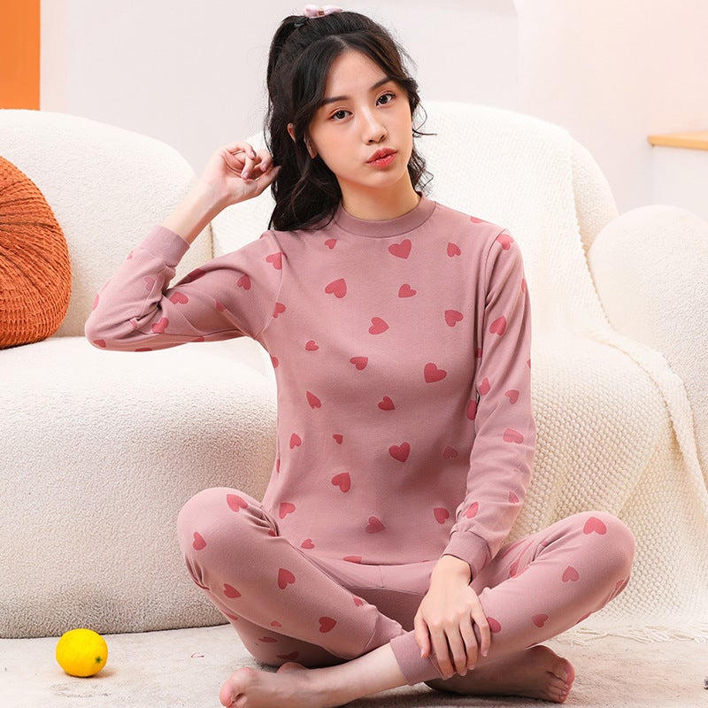 Teenagers cotton autumn and winter childrens autumn clothes long pants round neck underwear suit boys and girls warm pajamas cotton sweater Mid-collar full version of Love) suit