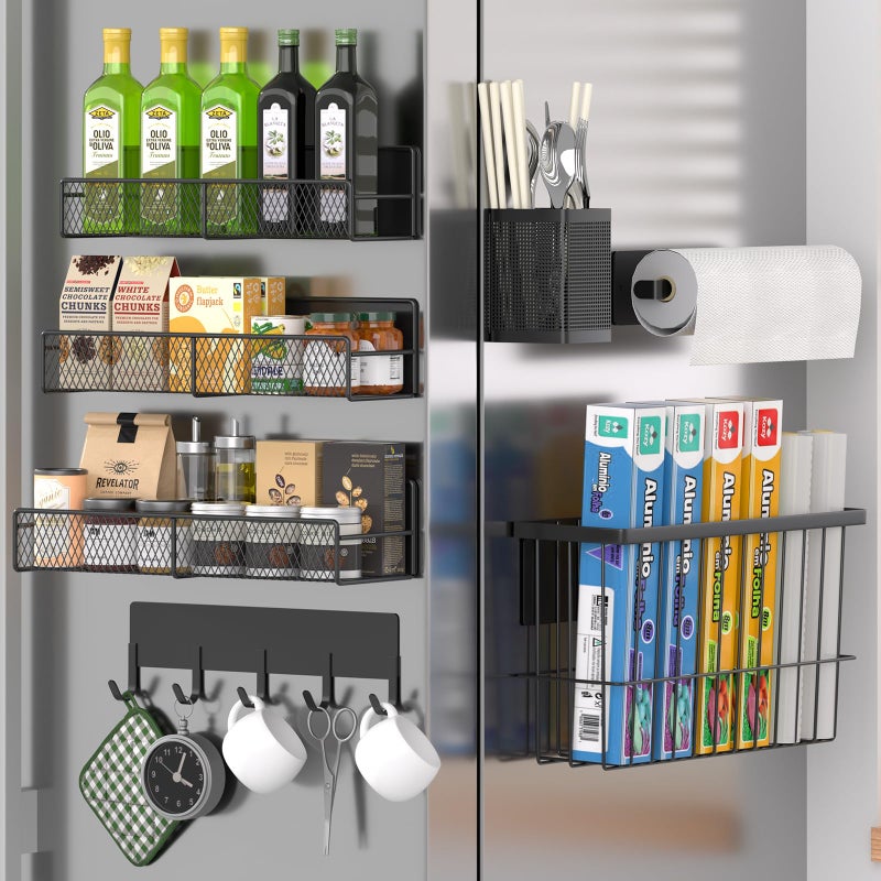 DTUQYX Magnetic Spice Rack for Refrigerator, 7 Pack Metal Magnetic Shelf, Moveable Magnetic Storage Fridge Organizer, Spice Organizer, Hook Rack, Paper Towel Holder, Utensils Holder, Cutting Board Holder - Image 1