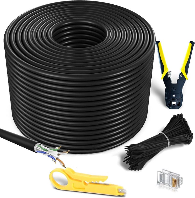 MutecPower 300m CAT6 Outdoor waterproof Direct Burial Ethernet Network Cable - UTP - CCA - 550 Mhz - Black 300 meter with Crimping tool RJ45 connectors and Cable Ties - Image 1