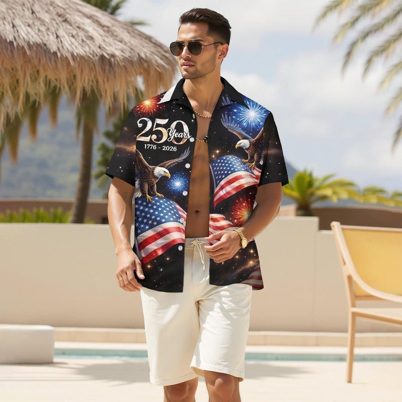 250Th Anniversary USA Hawaiian Shirt for Men, 1776-2026 Patriotic Short Sleeve Shirt, Independence Day Gifts M Black - Image 3