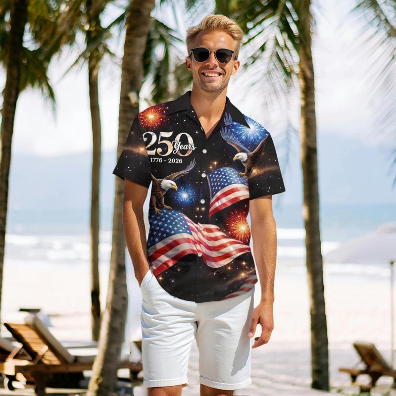 250Th Anniversary USA Hawaiian Shirt for Men, 1776-2026 Patriotic Short Sleeve Shirt, Independence Day Gifts M Black - Image 2