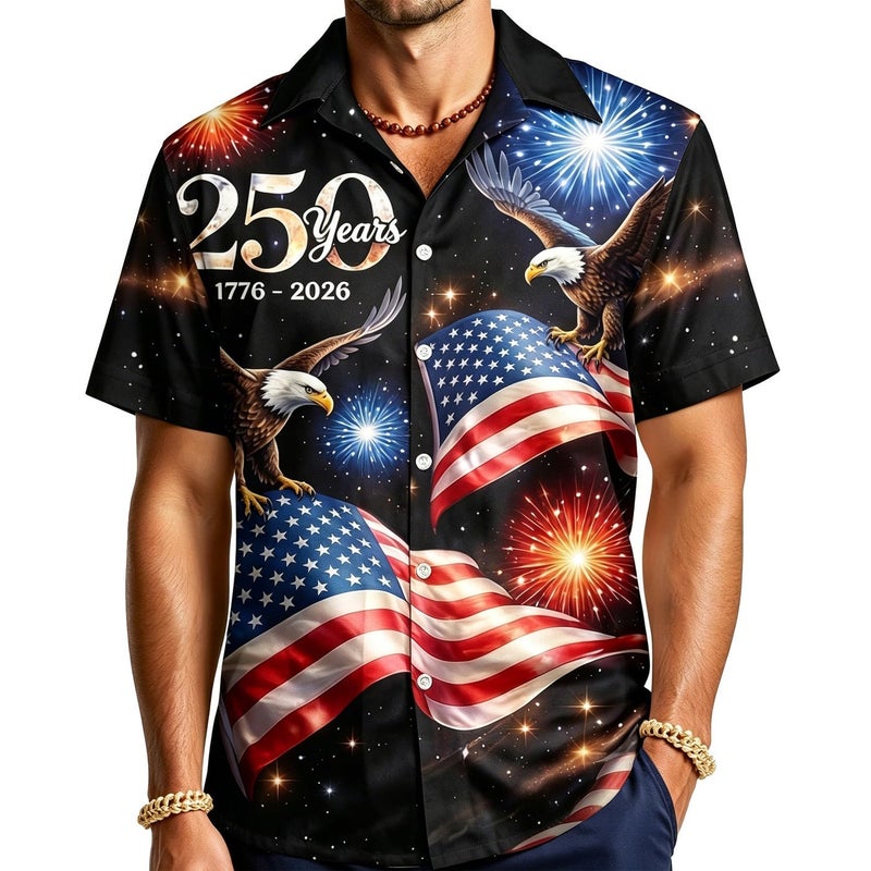 250Th Anniversary USA Hawaiian Shirt for Men, 1776-2026 Patriotic Short Sleeve Shirt, Independence Day Gifts M Black - Image 1