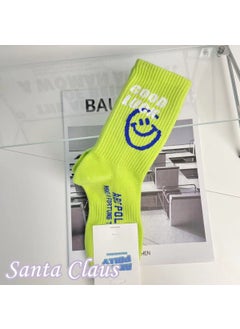 Unisex Mid-Calf Smiley Letter Sport Socks Anti-Slip Sweat Absorbent Odor Control Polyester Cotton Casual Socks for Couples Grass Green