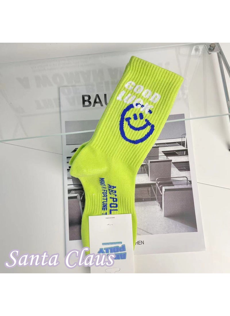 Generic - Unisex Mid-Calf Smiley Letter Sport Socks Anti-Slip Sweat Absorbent Odor Control Polyester Cotton Casual Socks for Couples Grass Green - Image 1