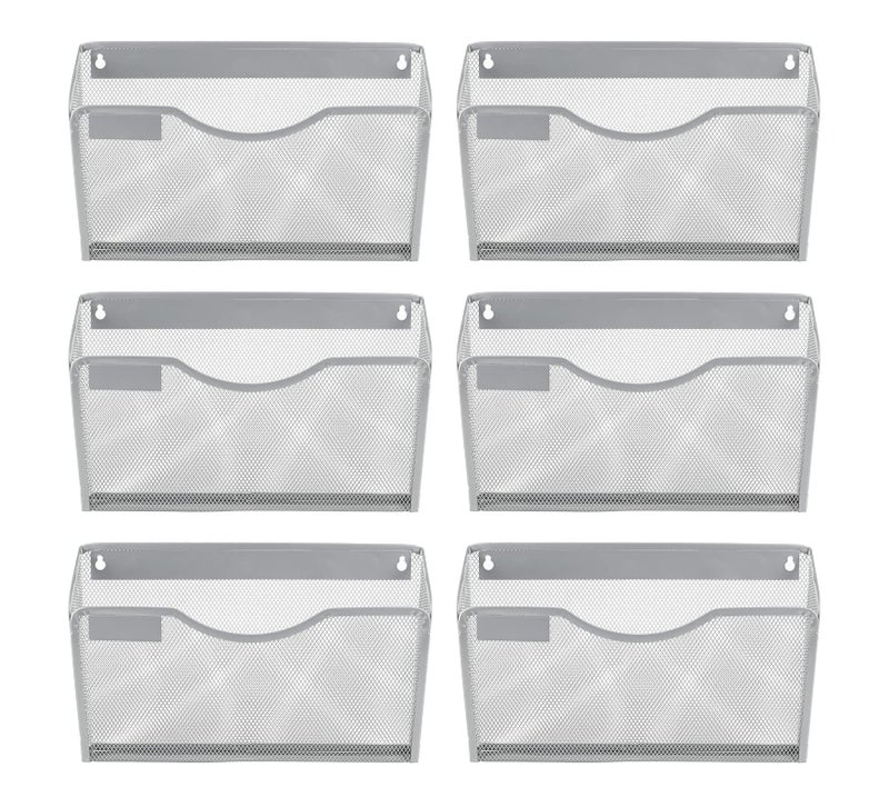EasyPAG Wall File Organizer with Label Panel 6 Single Pocket Mesh Hanging File Folder Organizer for Letter/A4 Size Folders Wall Mounted Vertical Mail Holder for Paperwork, Office, Home, School, Silver - Image 1
