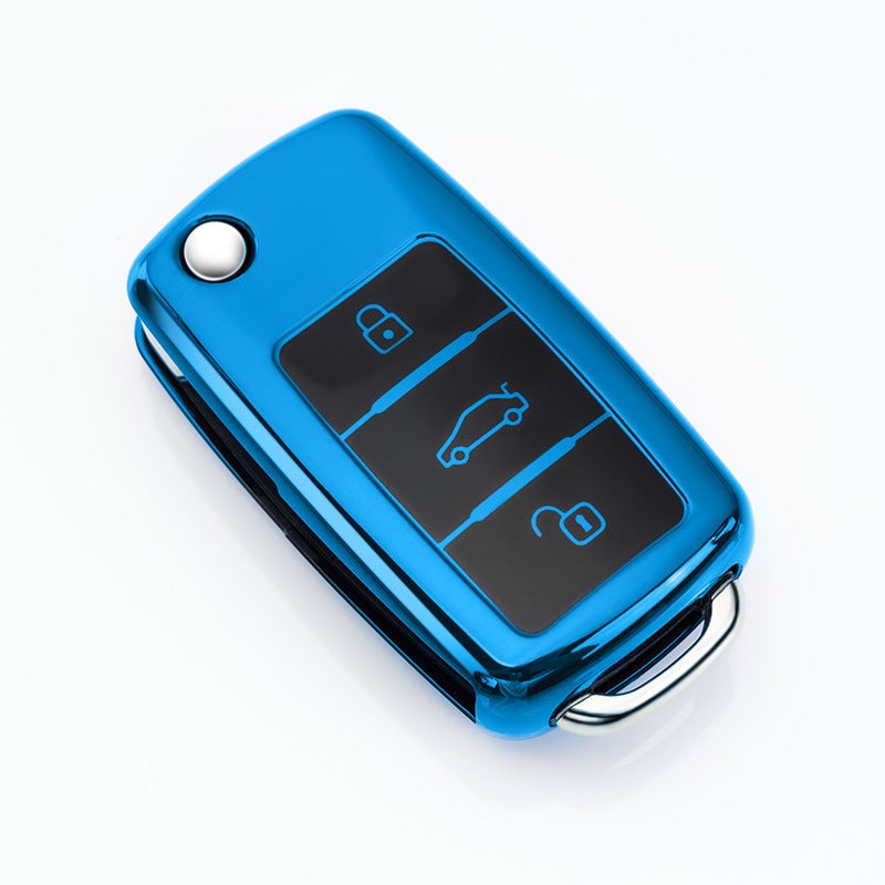 Suitable for Volkswagen key case buckle cover, Langxing new Sagitar, Weiling, Bora, Lavida, Jetta, Polo Tiguan Volkswagen Model A-Folding 3-button [Sapphire Blue] Single Shell - Image 1