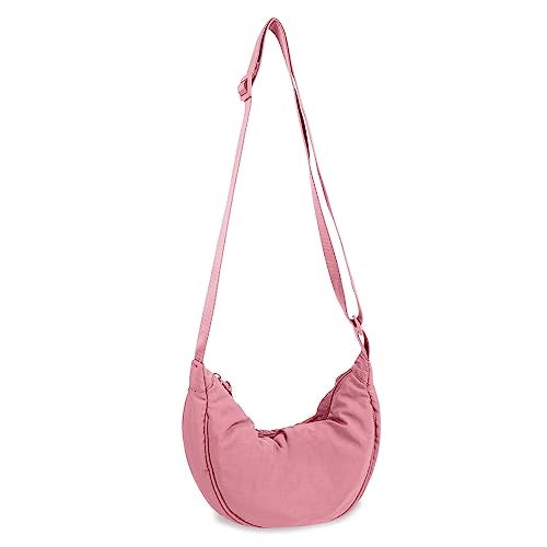EVGLOW Nylon Crescent Crossbody Bag for Women Purses Trendy Men,Small Travel Sling Bag Hobo,Lightweight Fanny Pack with Zipper Adjustable Strap,Round Soft Shoulder Pouch Bag for Everyday Use Sport(Pink) - Image 1