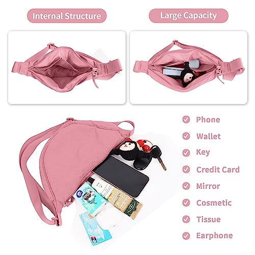 EVGLOW Nylon Crescent Crossbody Bag for Women Purses Trendy Men,Small Travel Sling Bag Hobo,Lightweight Fanny Pack with Zipper Adjustable Strap,Round Soft Shoulder Pouch Bag for Everyday Use Sport(Pink) - Image 4
