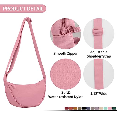 EVGLOW Nylon Crescent Crossbody Bag for Women Purses Trendy Men,Small Travel Sling Bag Hobo,Lightweight Fanny Pack with Zipper Adjustable Strap,Round Soft Shoulder Pouch Bag for Everyday Use Sport(Pink) - Image 3