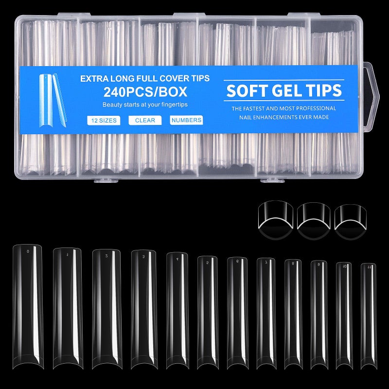 Cycullinyt Long Square Nail Tips, 240Pcs Half Cover Soft Gel Nail Tips Pre-shaped 3XL Straight Shape Clear Acrylic False Nail Fake Nail Extension Press On for Salon Home DIY 12 Sizes - Image 1