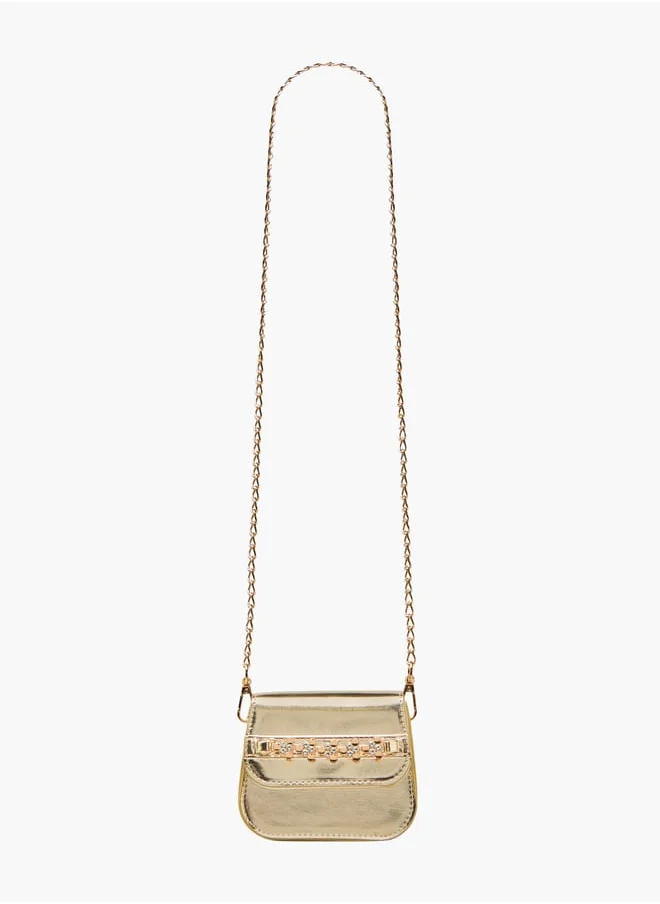Little Missy Girls Embellished Crossbody Bag with Detachable Chain Strap and Button Closure