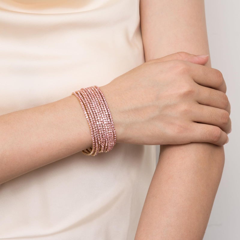 HZMAN 10 Pcs Tennis Bracelets Set for Women 14K Gold Plated Dainty Cubic Zirconia Adjustable Stackable Stretch Bracelet Wedding Party Jewelry Gift (Pink) - Image 2