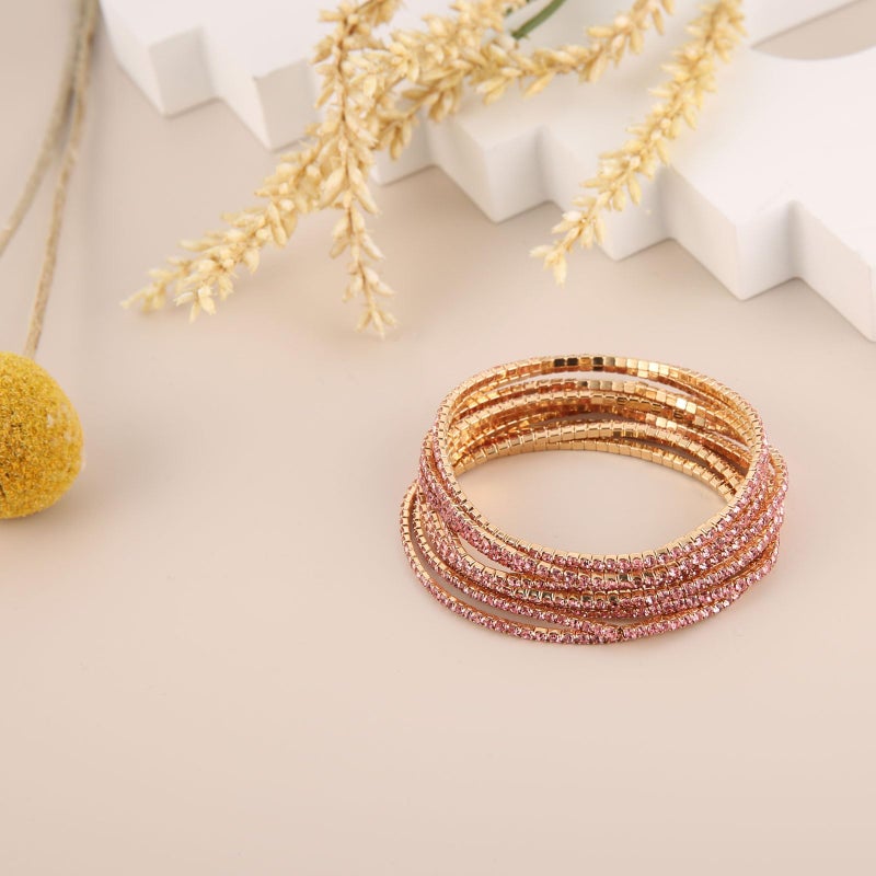 HZMAN 10 Pcs Tennis Bracelets Set for Women 14K Gold Plated Dainty Cubic Zirconia Adjustable Stackable Stretch Bracelet Wedding Party Jewelry Gift (Pink) - Image 4